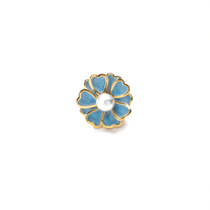 Pearl <b>Ring</b> With Blue Enamel Flower Design <b>Gold</b> Plated Stainless Steel Sustainable Resistant Jewelry - Product Image 2