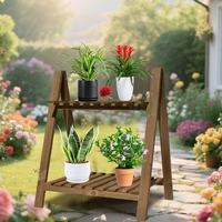 Rak tanaman kayu tangga 2 tingkat, rak pot Organizer, rak tampilan, rak penyimpanan untuk tanaman kayu luar ruangan