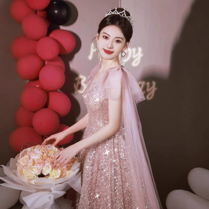 Pink Evening Gown Women Empire Waist Sweetheart Neckline Sparkle Dress For Birthday Party Engagement Formal Event - Product Image 3