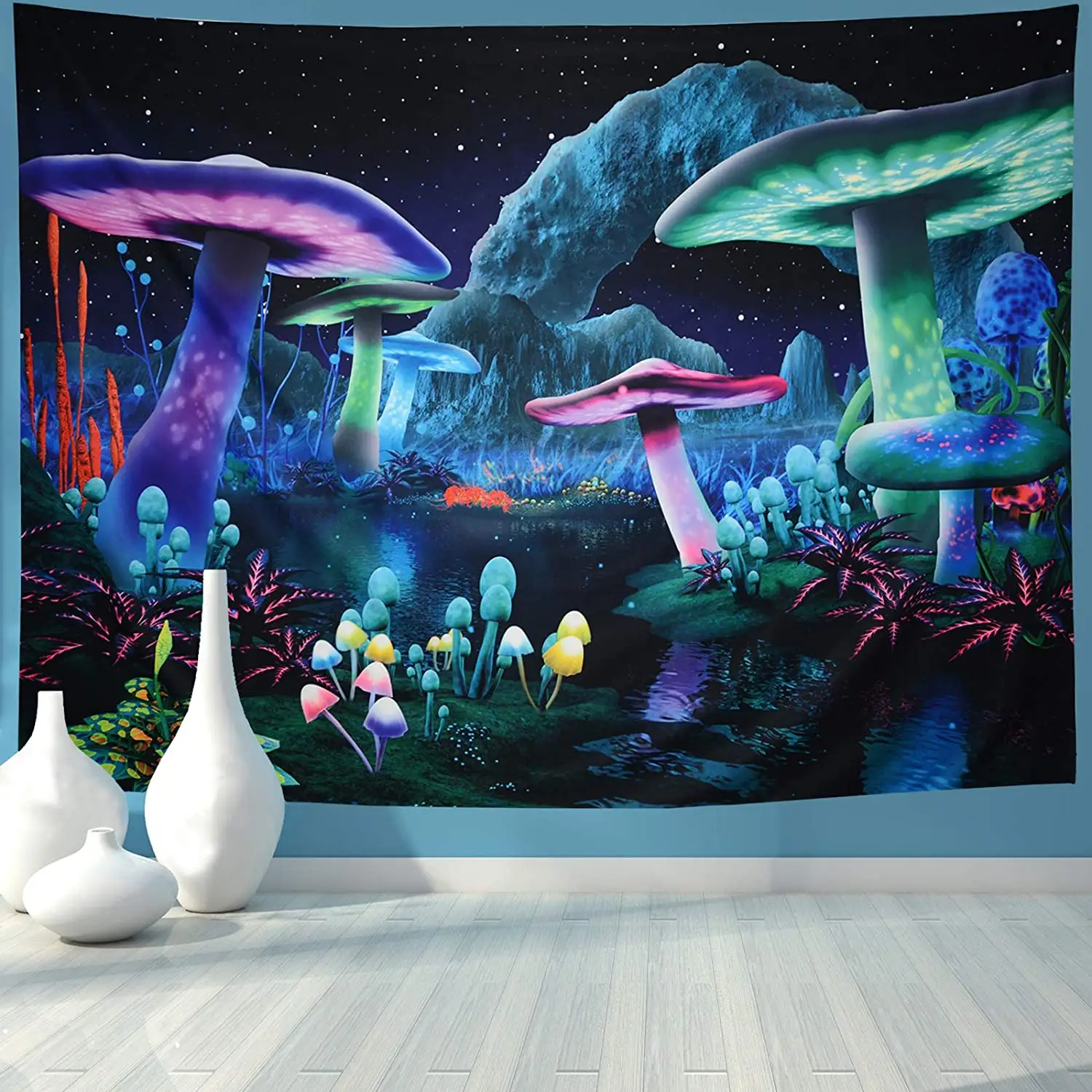 Psychedelic Mushroom Tapestry Fantasy Plant Wall Tapestry Galaxy Space Starry Night Sky Tapestry