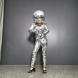 Combinaison moulante une pièce pour femme, effet miroir argenté, avec casque et détails en verre miroir, en <span class=keywords><strong>acrylique</strong></span>, pour spectacle, concours de talent, DJ, danse, bar, fête, adulte - Product Image 6