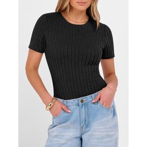 Womens Ribbed Knit <b>Top</b> Short Sleeve Crewneck Slim Fit Lightweight Summer Casual Sweater Shirt - Product Image 3