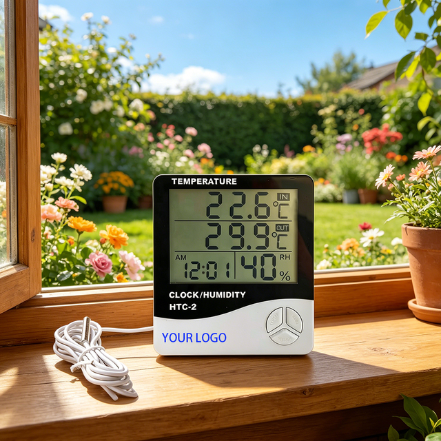 Custom Logo HTC2 Digital Plastic Thermometer Humidity Probe Indoor Outdoor Temperature Gauge Alarm Clock Battery Powered LCD