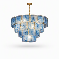 Lustre moderne de luxe à plusieurs niveaux en verre bleu artistique, luminaire suspendu rond en laiton doré Art Déco pour la décoration du salon et de la salle à manger