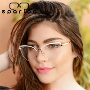 Sparloo2077女性ブルーライトブロッキングキャットアイアイウェアメタルハーフリムレス眼鏡フレーム