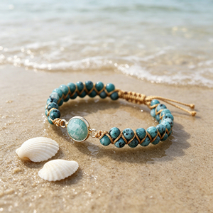 Bracelet à double rangs de perles en pierre de <span class=keywords><strong>jade</strong></span>, unisexe, style bohème, avec breloque en labradorite, bijou tissé fait main - Product Image 4