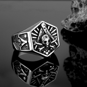 Men's Hexagon Stainless Steel <b>Ring</b> Freemason Skull Design Hip Hop Style Gift Jewelry - Product Image 3