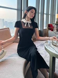 Nuovo abito da donna lungo, <span class=keywords><strong>classico</strong></span>, di colore nero, con fiocco decorativo sul collo a revers, vita alta, modello aderente a trapezio. - Product Image 5