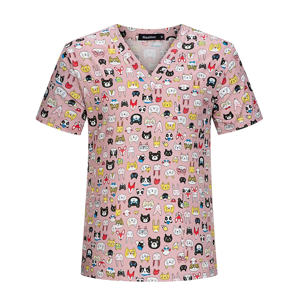 Unisex Vrouwen Medische Scrub Tops 100% Katoen Elastische Scrub Tops Medische Uniformen Gedrukt Scrubs Top