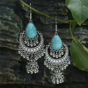 Hot Tibetan Ethnic Turquoise Jewelry Dangle Hoop Earrings Vintage Drop Pendant Earrings Boho Geometric Tassel Earrings