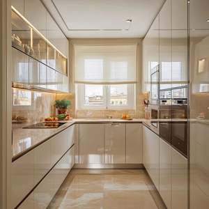 Cocina de Lujo en Forma de U, Mueble de Cocina Foshan con Encimera y Fregadero, Acabado Brillante PET, Ideas de Diseño de Cocina, Diseño Moderno - Product Image 2