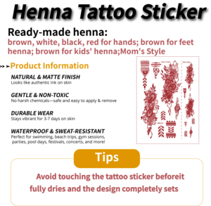Autocollants de tatouage d'art corporel temporaires rouges non toxiques autocollants de peau imperméables pour les mamans d'enfants pour les fêtes de maman et moi bricolage Mehndi Design - Product Image 2