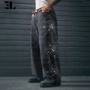 लार्सुर कस्टम कारखाना संकट वॉश राइनस्टान हीरा अलंकृत डेनिम पैंट सीधे बैगी क्रिस्टल रत्न - Product Image 5