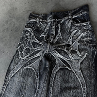 Jean large pour homme, style gothique toile d'araignée, effet vieilli, punk grunge, brodé, noir délavé, coupe baggy, en denim imperméable 100% coton