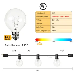 Оптовая продажа с фабрики, 25 футов, сказочные классические винтажные стеклянные прозрачные вольфрамовые гирлянды g40 для праздничного украшения на открытом воздухе