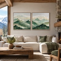 Toile d'art abstraite premium peinte à la main en relief 3D, Montagnes vertes brumeuses, texture épaisse, encadrée, pour hall d'hôtel, couloir, intérieur