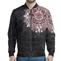 Jaket Bomber Pria Desainer Meksiko Aztec Warrior 3D Print Poliester dengan Detail Kulit Sapi, Logo Custom, Grosir Mewah