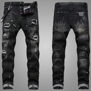 Men's Mid Waist Straight Jeans Ripped Hole Light <b>Washed</b> Stretch Denim Paint Spatter Casual Trousers Relaxed Fit Daily Wear Bulk - Product Image 2