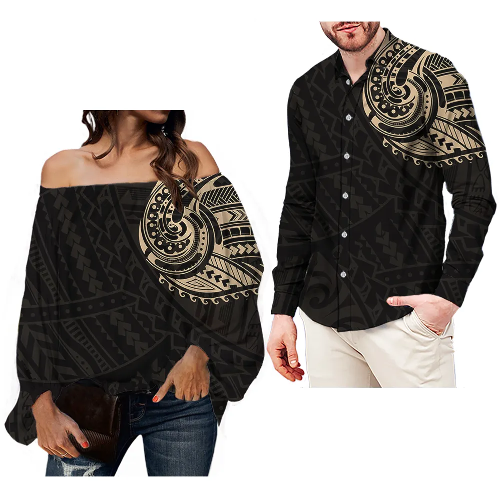 Women Long Sleeve T Shirt Set Black and Gold Polynesian Tattoo Designs Chiffon Blouses Loose Tops Tunic Matching Couple Shirts