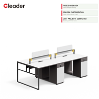 Poste de travail commercial à 2 places avec cloison en verre, pieds en boucle noirs, plateau blanc, support doré, écran transparent, armoire, OEM