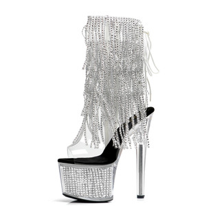 Botines de <span class=keywords><strong>Plataforma</strong></span> con Tacón Alto y Borlas de Diamantes de Imitación, Plateados, con Punta Abierta, para Mujer, 17 cm, 7 Pulgadas, para Discoteca, Baile y Actuaciones - Product Image 3