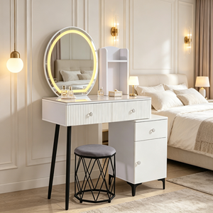 Modern <b>Makeup</b> <b>Vanity</b> With Lighted <b>Mirror</b> Storage Drawers Bedroom Dressing Table With Stool - Product Image 6