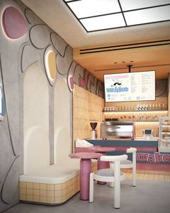Diseño Interior Personalizado de Cafetería Estilo Memphis, Muebles Curvos Orgánicos para Cafetería, Azulejos de Microcemento y Terrazo, Instalación Llave en Mano - Product Image 5