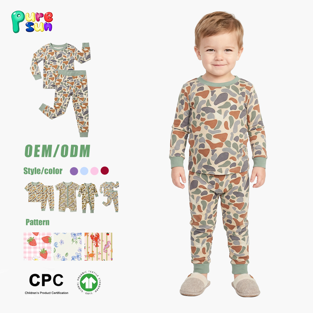Puresun Custom Camo Print Kids Pajamas 100% Organic Cotton Children Sleepwear Sets Summer Boys Bamboo Pajamas