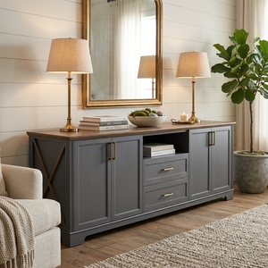Meuble TV scandinave en bois massif avec tiroirs, console rustique industrielle à 4 portes pour salon - Product Image 3