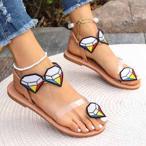 Casual Beach Flat Sandals Women Clip Toe Color <b>Block</b> Diamond Embroidery Elastic Ankle Strap Summer Footwear - Product Image 6