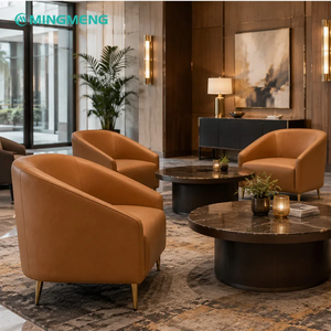 Ensemble de fauteuils en cuir modernes pour hall d'hôtel, table basse ronde en pierre frittée, mobilier de réception et de négociation pour bureau de vente - Product Image 2