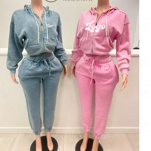 Tuta da <span class=keywords><strong>Donna</strong></span> Y2K Personalizzata in Cotone Lavato con Effetto Invecchiato, Felpa con Zip e <span class=keywords><strong>Pantaloni</strong></span>, Completo 2 Pezzi per Uso Quotidiano - Product Image 1