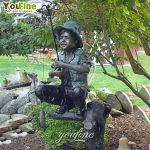 花园装饰真人大小儿童雕塑男孩树上钓鱼青铜雕像