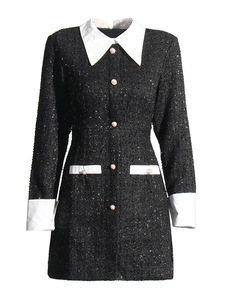 2024 nouvelle conception de niche blanc revers métal bouton Sequin <span class=keywords><strong>robe</strong></span> <span class=keywords><strong>noire</strong></span> vêtements pour femmes serré rétro Sexy élégant robes pour femmes - Product Image 5