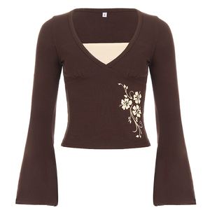 Blusa de Punto con Cuello en V para Mujer, Estilo Vintage, Manga Larga, Corte Ajustado, con Detalle Floral en Contraste, Elegante y Sofisticada para Otoño - Product Image 6