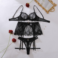 Ensemble de lingerie sexy et léger deux pièces AMZ 2026 style français en dentelle transparente avec armatures et effet push-up