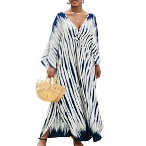 V Neck Maxi Abaya <b>Dress</b> Tie Dye Pattern <b>Loose</b> Fit Three Quarter Sleeve Cotton Modest Style Women's Daily Wear Summer - Product Image 1