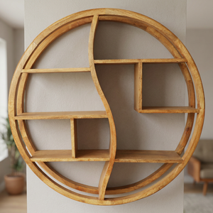 Handcrafted Wooden Stainless Steel Circular <b>Wall</b> <b>Shelf</b> Natural Honey Brown-Modern Living Room <b>Wall</b> Decor - Product Image 3