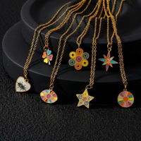 Collier pendentif F364 Boho Chic multi-motifs en émail, plaqué or, acier inoxydable, avec motifs œil, cœur et étoile, pour superposition