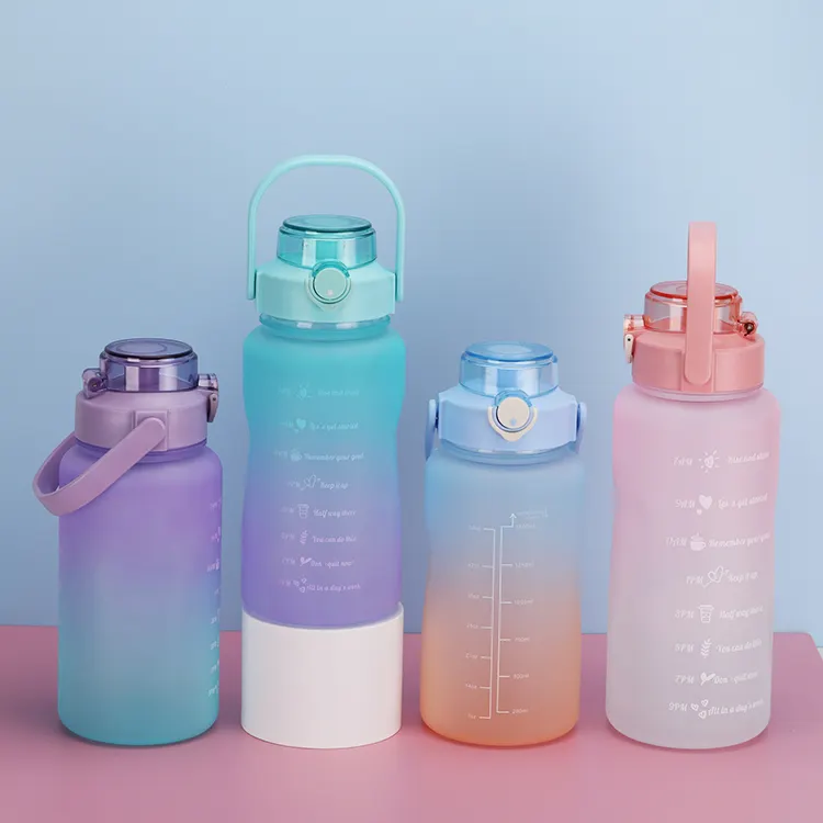 Degrade renk spor buzlu su PET şişe büyük kapasiteli saman fincan degrade renk zaman işaretleyici ile plastik bardaklar açık Fitn