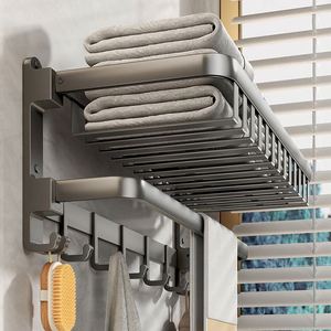 Hot Selling Modern Stainless Steel Folding Towel Rack Double Towel <b>Bars</b> Hooks Wall Mounted <b>Freestanding</b> Bathroom Accessories - Product Image 5