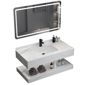 Hogar de lujo moderno para tocador de baño Lavabo de losa de <span class=keywords><strong>roca</strong></span> de doble capa <span class=keywords><strong>Espejo</strong></span> inteligente <span class=keywords><strong>antivaho</strong></span> Gabinete de madera maciza - Product Image 1