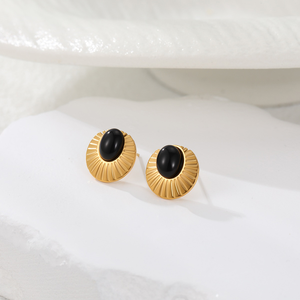 Boucles d'oreilles en acier inoxydable doré à dentelle plissée en pierre naturelle, boucles d'oreilles à clous polyvalentes, boucles d'oreilles rétro françaises pour femmes - Product Image 5