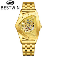 Montre-bracelet automatique pour homme de haute qualité avec bracelet tout acier, cadran squelette triangulaire, style professionnel de luxe, montre mécanique
