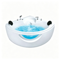 Baignoire Balnéo d'Angle de Luxe avec Panneau en Verre Courbé Transparent, Double Appuie-tête Noir et Jets de Massage pour Villa