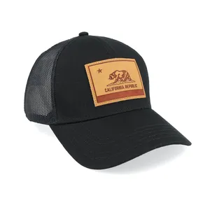 कस्टम 6 पैनल अमेरिकी snapback जाल trucker टोपी चमड़े पैच के साथ सुई उभरा पिपली कपास टवील काले बेसबॉल टोपी