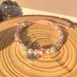 Heart Shape <b>Beaded</b> <b>Bracelet</b> With Daughter Charm Pink Pearl Crystal Rhinestone Women's Jewelry Gift - Product Image 2