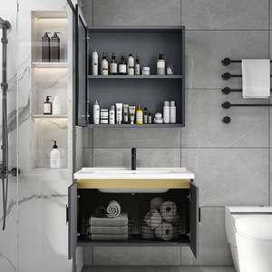 Mueble de Baño de Lujo de Aluminio Espacial Resistente al Agua con Lavabo de Cerámica Integrado para Hotel, Apartamento Pequeño, Balcón - Product Image 2