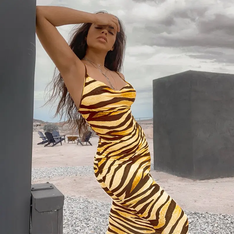 Renkli Zebra cilt baskı yaz seksi kadınlar Cami uzun elbise spagetti kayışı kolsuz parti ince Bodycon elbiseler