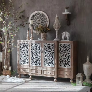 Farmhouse Inspired Wooden <b>Sideboard</b> Hand Carved With Decorative Motifs And Wide Storage Cabinets For Dining - Product Image 1